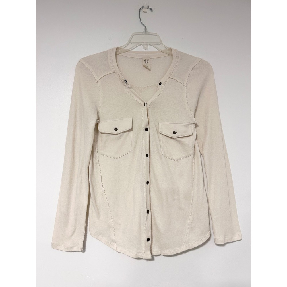 We The Free Free People Cream Henley Long Sleeve Button Down Raw Seam Top L